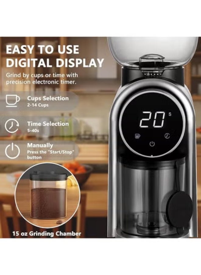 فوغماكس مطحنة حبوب القهوة الكهربائية المخروطية مع 25 إعدادا دقيقا ، مطحنة كهربائية قابلة للتعديل بشاشة تعمل باللمس مع شاشة LED وجهاز مضاد للكهرباء الساكنة للتنقيط الإسبريسو والصحافة الفرنسية - أسود مطحنة قهوة V60 مطحنة قهوة - Image 5